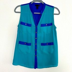 Aqua semi-sheer teal & royal blue sleeveless top